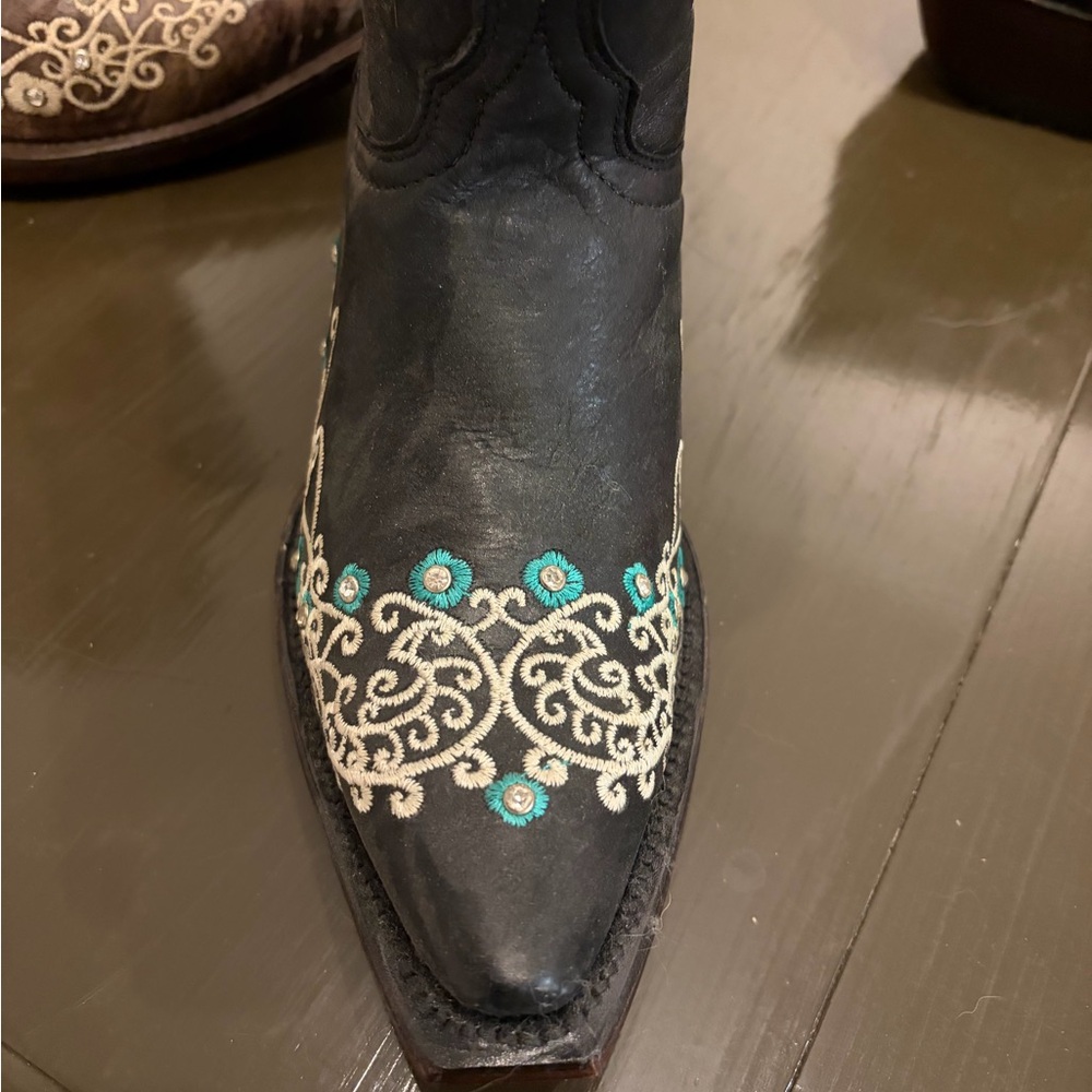 Soto Brand Black Boots with Turquoise and Cream Embroidery and Rhinestones